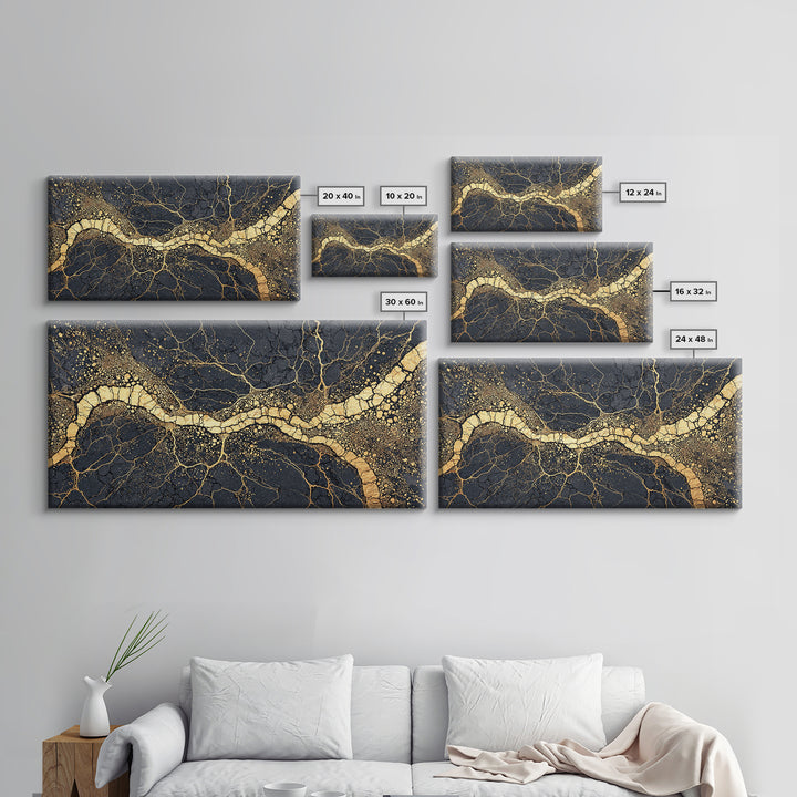 Black Gold Cracked Earth River Framed Canvas Print, Abstract African Art, Luxury Geometric Wall Decor For Modern Home Office