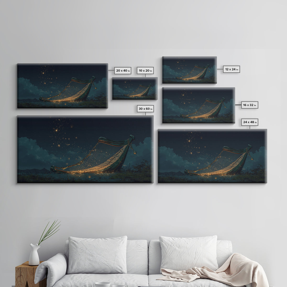 Glowing African Kora Harp Canvas Print, Night Music Wall Decor, Cultural Art Print, Starry Blue Afrocentric Home Decor, Gift For Him