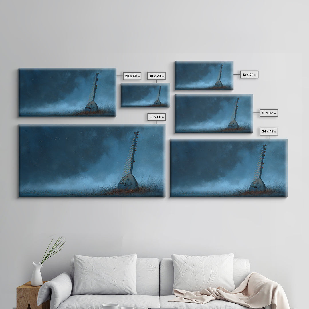 Blue African Kora Instrument Wall Art, Starry Night Music Print, Cultural African Artwork, Moody Bedroom Decor Canvas Print