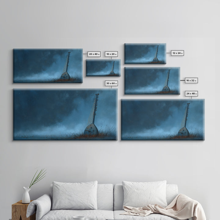 Blue African Kora Instrument Wall Art, Starry Night Music Print, Cultural African Artwork, Moody Bedroom Decor Canvas Print