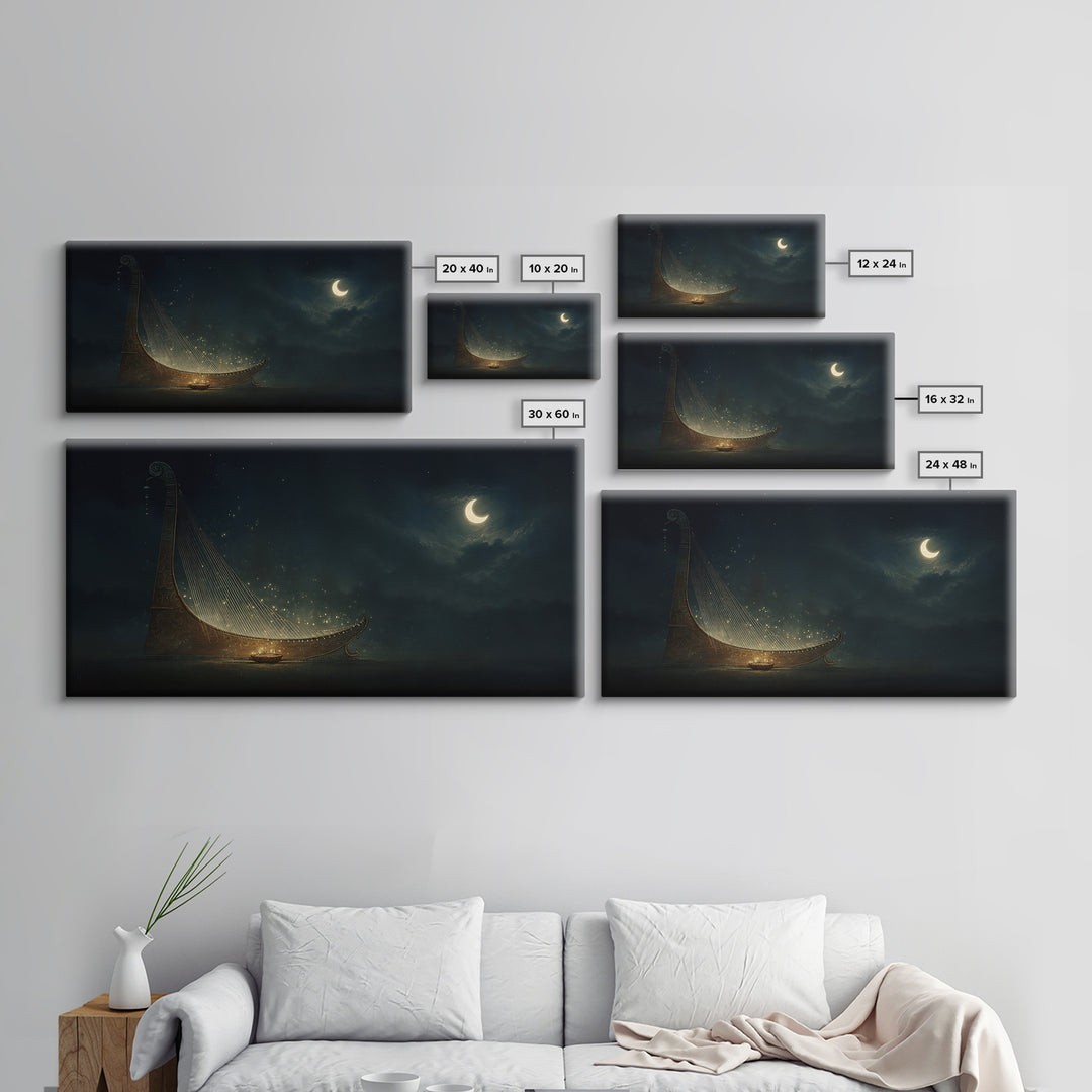 Moonlit African Kora Harp Framed Canvas Print, Crescent Moon Music Wall Decor, Spiritual Afrocentric Art, Dreamy Night Gift