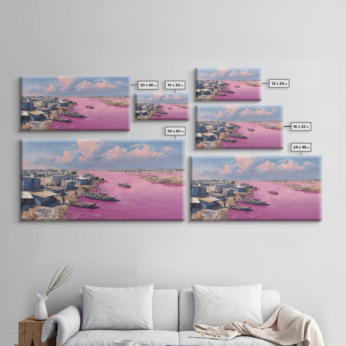 Pink River African Village Wall Art, West African Landscape, Coastal Boat Scene, Serene Travel Decor For Living Room Canvas Gift