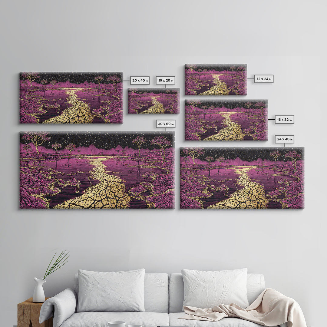 Mystic Purple Savannah Path Wall Art, African Tree Landscape, Starry Night Boho Decor, Spiritual Canvas For Living Room Gift