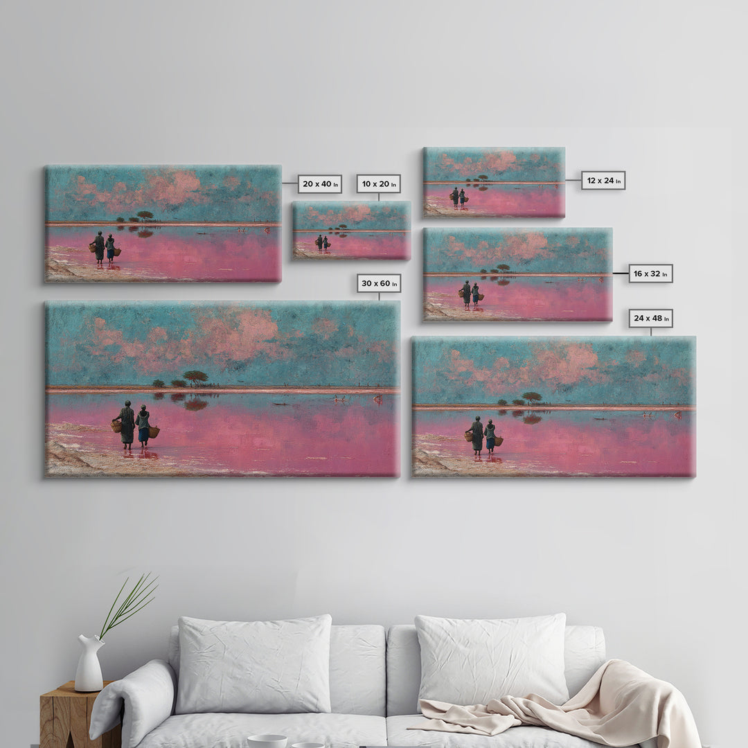 African Women At Pink Lake Wall Art, Pastel Landscape Painting, Motherland Travel Decor, Feminine Canvas For Living Room