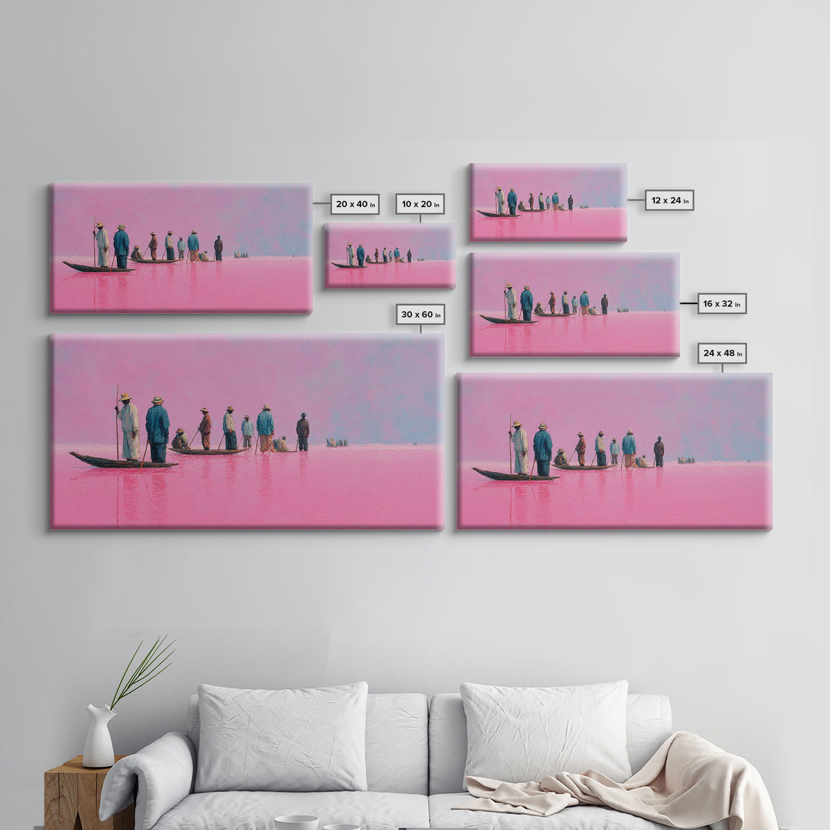 Pink Lake Fishermen On Long Boat Canvas Print, African Travel Landscape, Minimalist Coastal Decor For Modern Living Room
