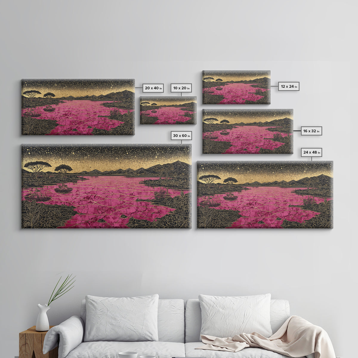 Cracked Pink Lake Savannah Wall Art, African Landscape, Black Gold Boho Decor, Serengeti Inspired Canvas For Living Room