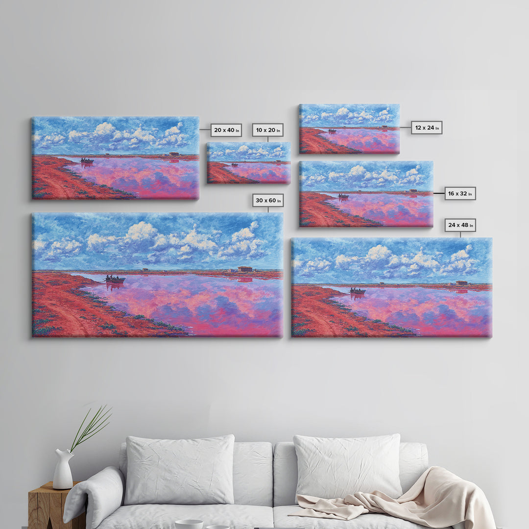 Pink Salt Lake Boats Wall Art, African Landscape Painting, Coastal Travel Poster, Blue Sky Canvas Decor, Living Room Gift