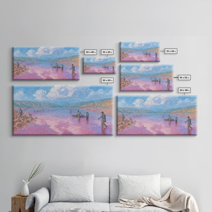 Pastel Salt Lake Workers Canvas Print, African Landscape Wall Decor, Pink Water Painting, Mountain Travel Art Gift, Living Room Decor