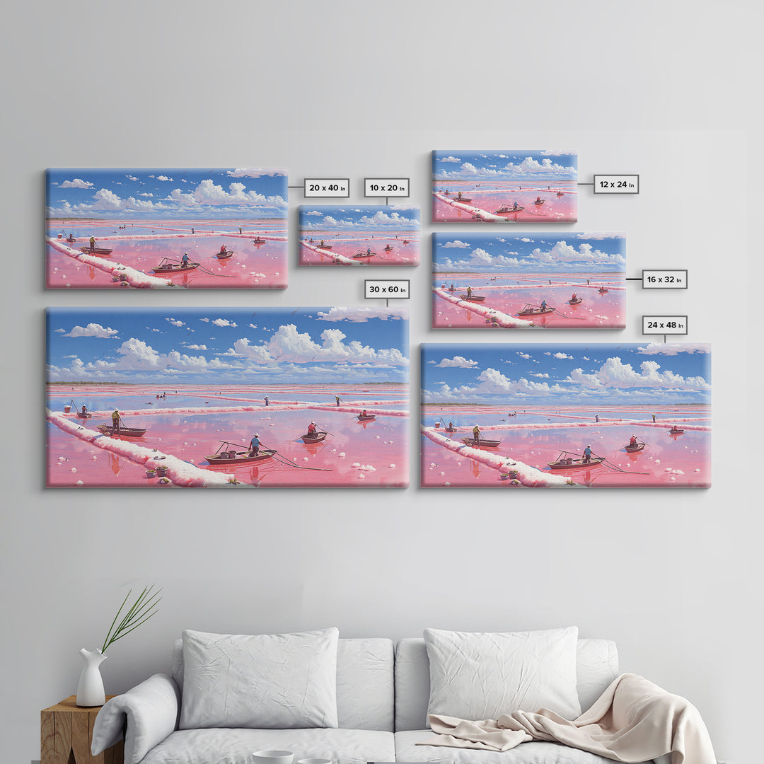Pink Salt Flats With Boats Wall Art, African Coastal Landscape, Flamingo Lake Painting, Large Canvas Decor, Travel Home Gift