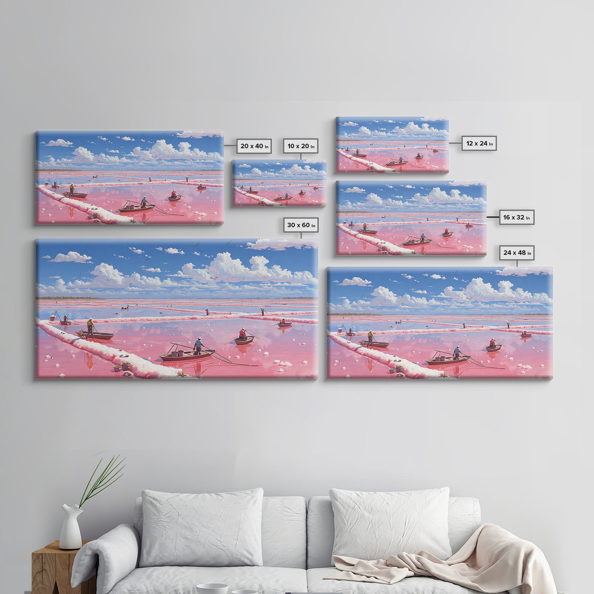 Pink Salt Flats With Boats Wall Art, African Coastal Landscape, Flamingo Lake Painting, Large Canvas Decor, Travel Home Gift