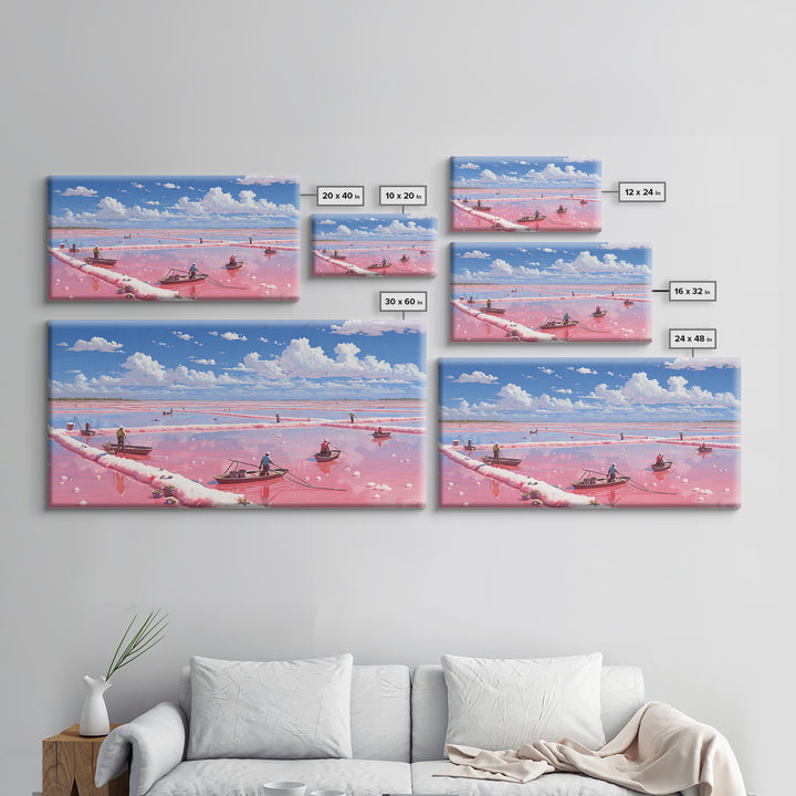 Pink Salt Flats With Boats Wall Art, African Coastal Landscape, Flamingo Lake Painting, Large Canvas Decor, Travel Home Gift