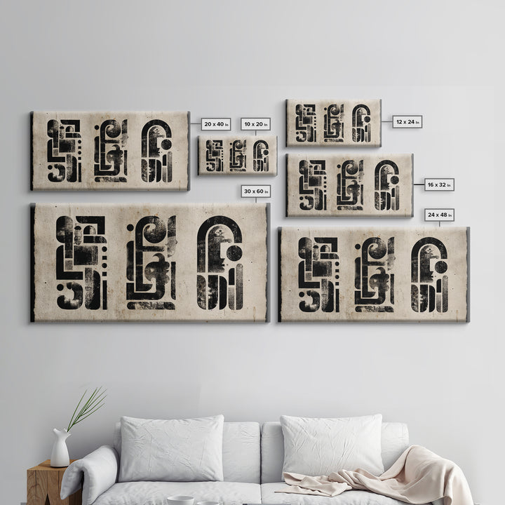 Black Abstract Glyphs Wall Art, African Inspired Geometric Painting, Minimalist Neutral Poster, Modern Home Office Decor Gift