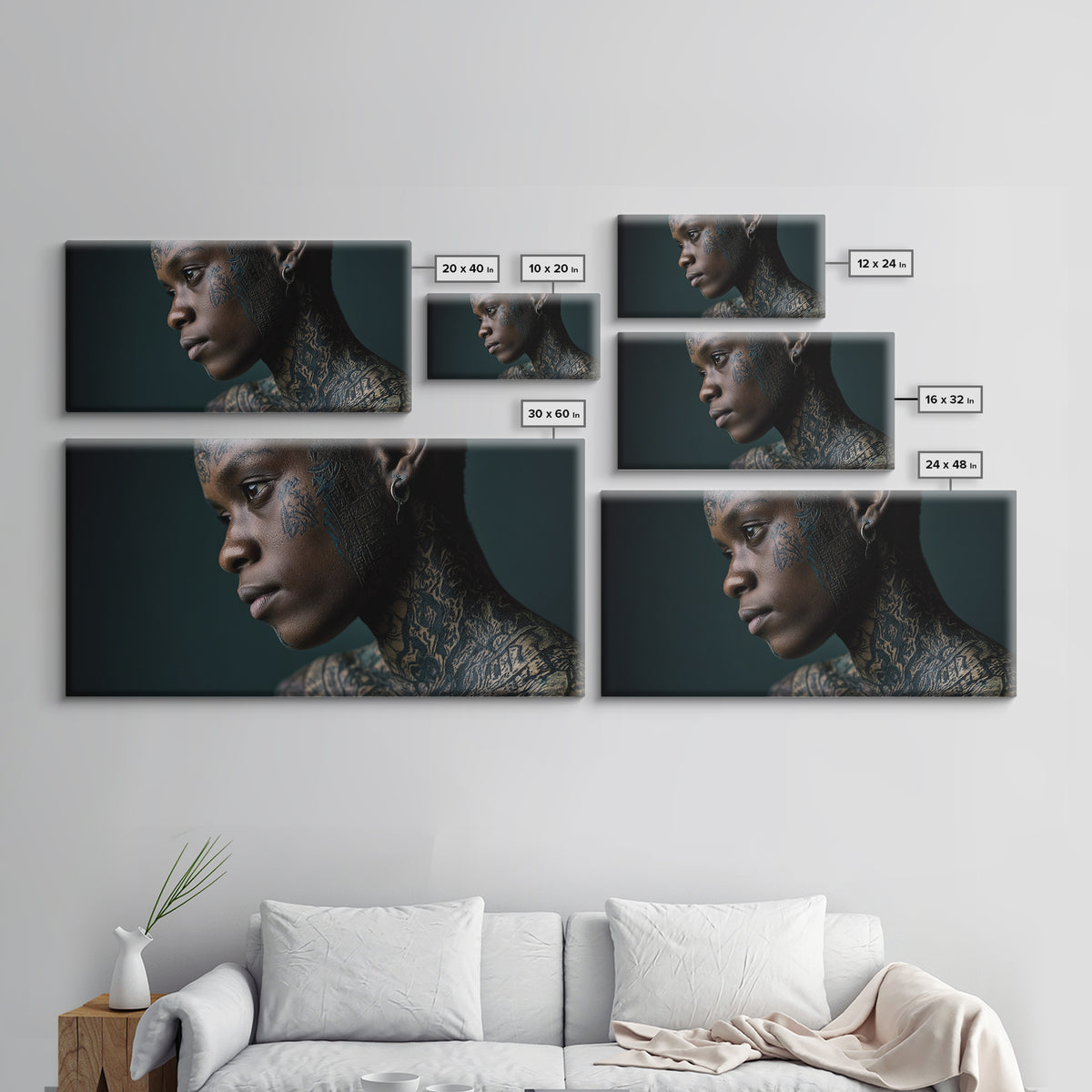 Tattooed Black Woman Portrait Framed Canvas Print, African Beauty Wall Art, Dramatic Profile Photography, Melanin Decor Gift