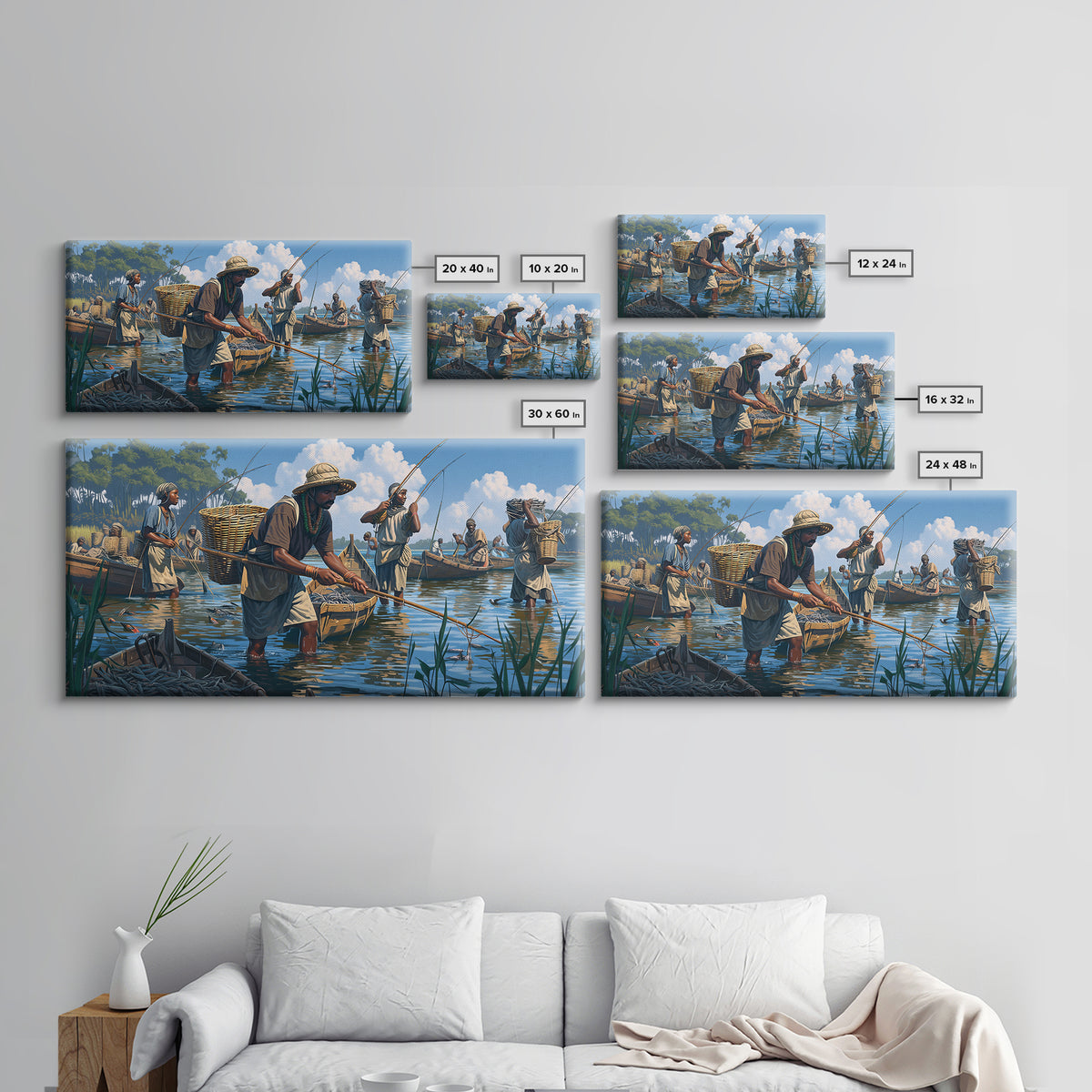 Traditional African Fishermen In River Boats Canvas Print, African Culture Art, Fishing Village, Safari Decor, Living Room Decor