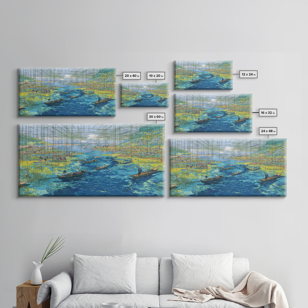 Abstract Blue Wetlands With Boats Canvas Print, Modern African Art, Coastal Landscape, Teal Wall Decor, Large Living Room Art