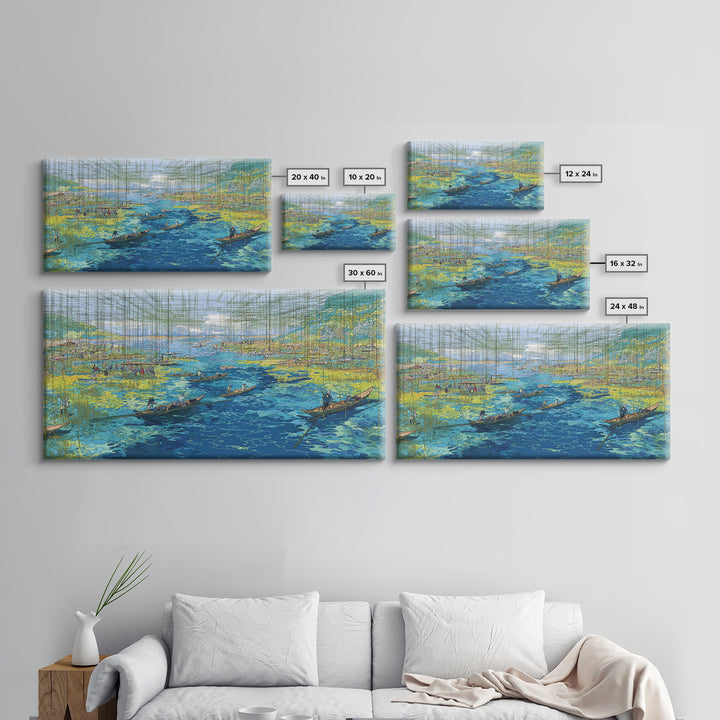 Abstract Blue Wetlands With Boats Canvas Print, Modern African Art, Coastal Landscape, Teal Wall Decor, Large Living Room Art