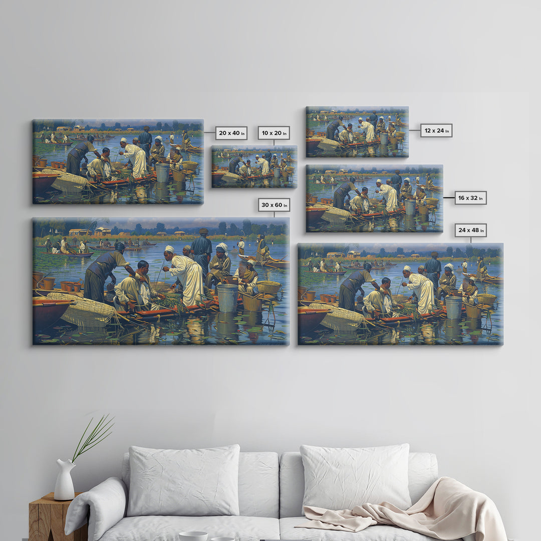 African Floating Market Fishermen On Lake Canvas Print, Traditional African Painting, Cultural Wall Decor, Village Home Decor