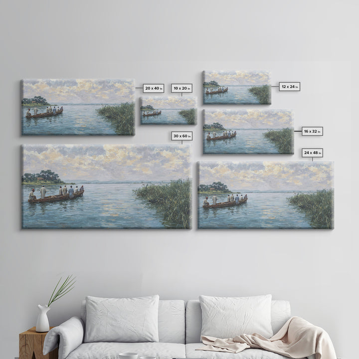 Serene African River Canoe Landscape Framed Canvas Print, Impressionist Nature Scene Art, Blue Wall Decor, Living Room Gift