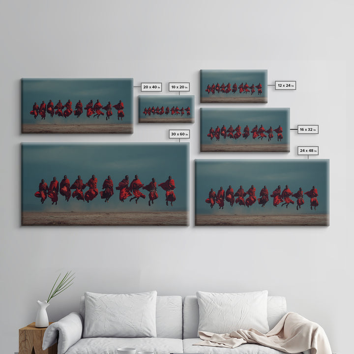 Leaping Maasai Warriors Under Storm Sky Canvas Print, African Warrior Art, Tribal Wall Decor, Red Safari Statement Piece