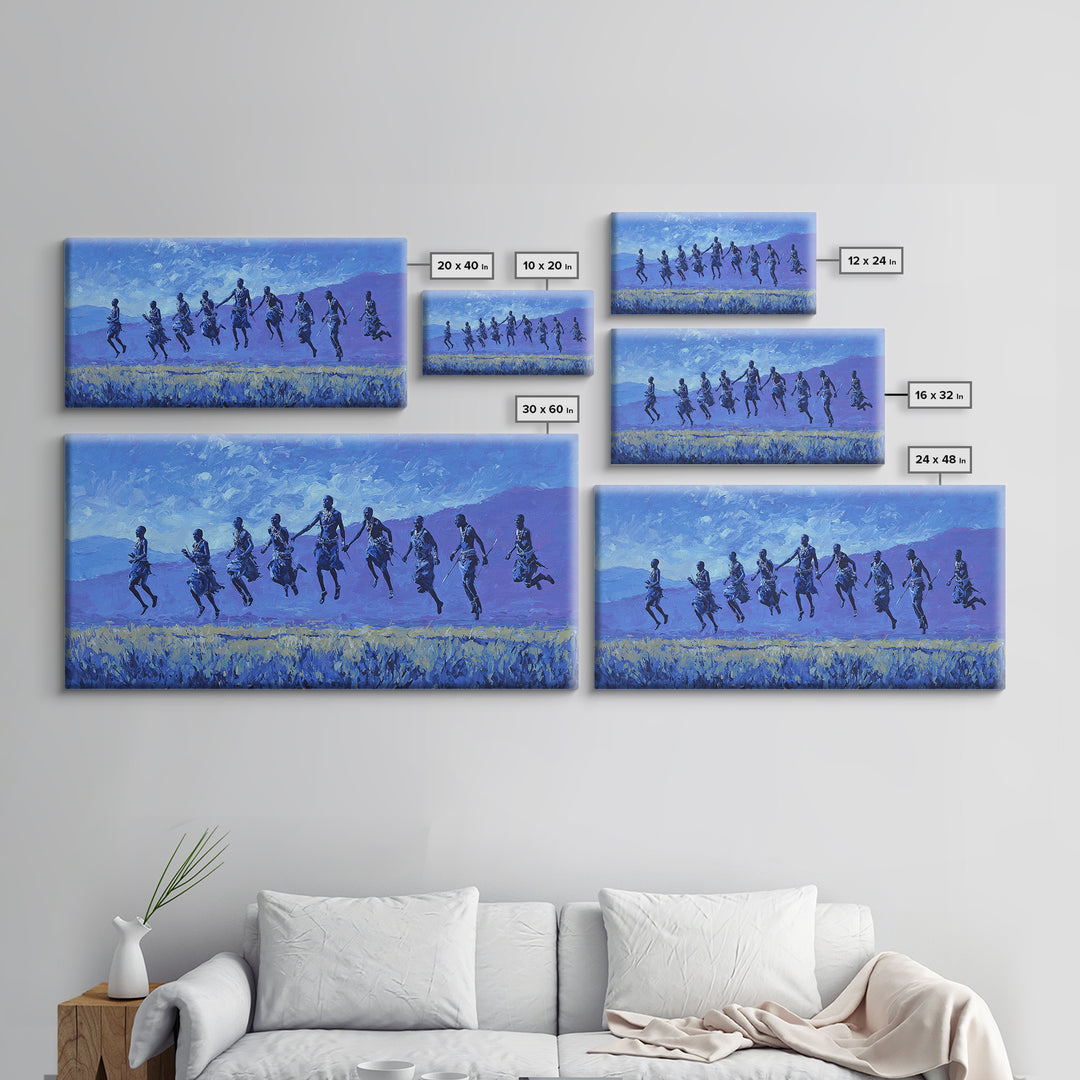 Blue Savanna Jumping Figures Wall Art, African Landscape, Modern African Art, Safari Art, Living Room Decor Canvas Print