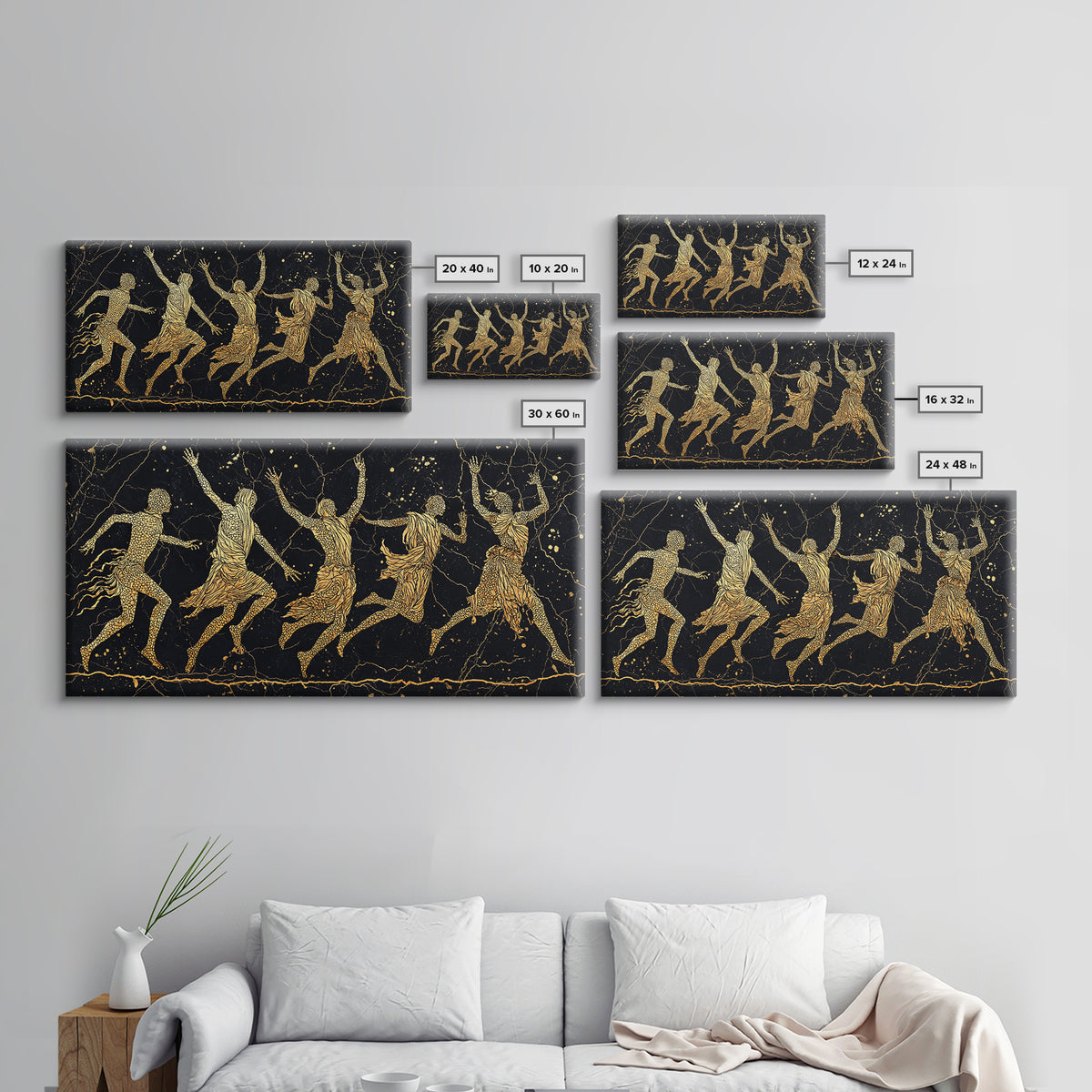Gold Tribal Dancers On Black Framed Canvas Print, African Tribal Art, Black And Gold Art, Afrocentric Wall Art Decor Gift