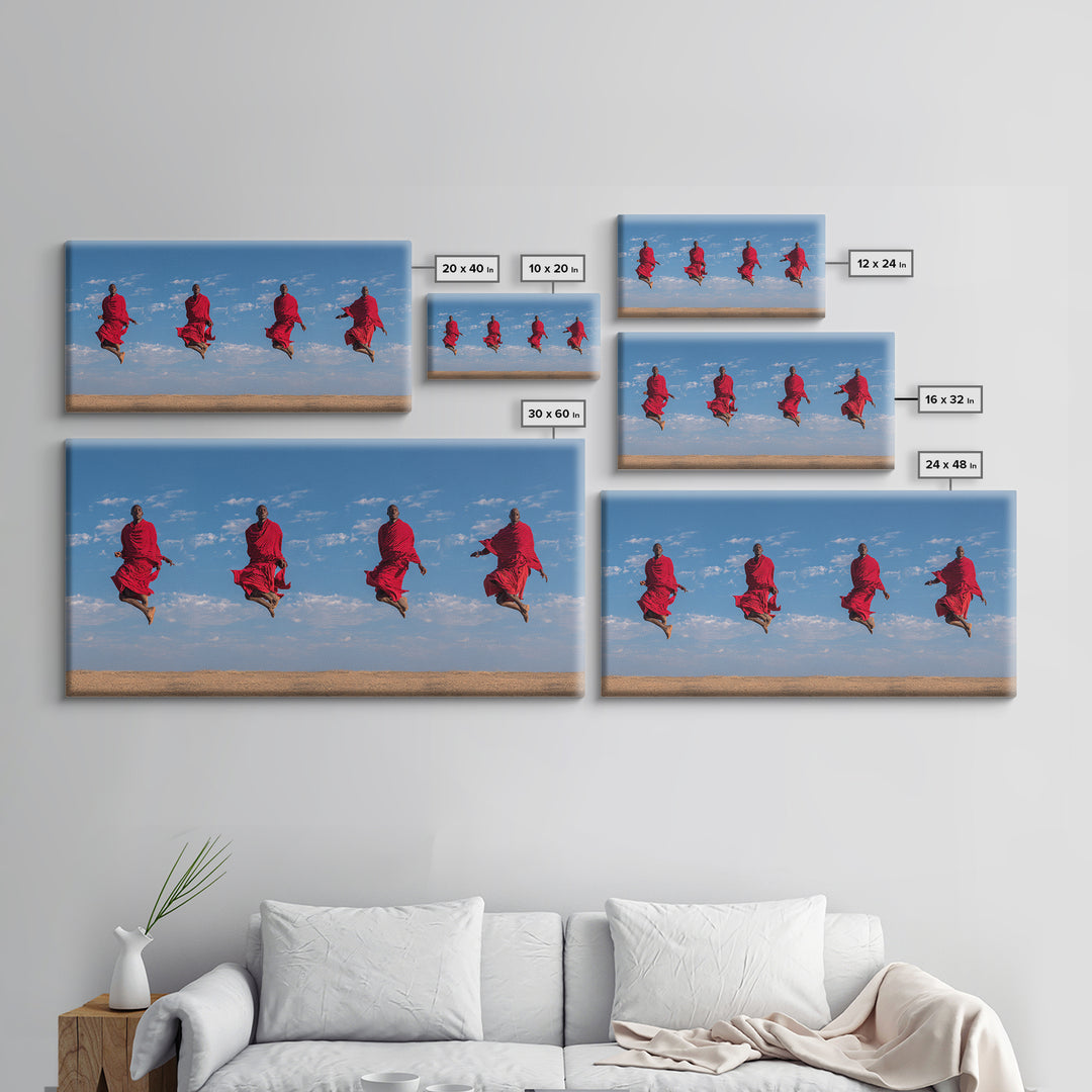 Red Maasai Warriors Jumping Canvas Print, African Safari Art, African Warrior Art, Kenya Print, Statement Wall Decor Gift