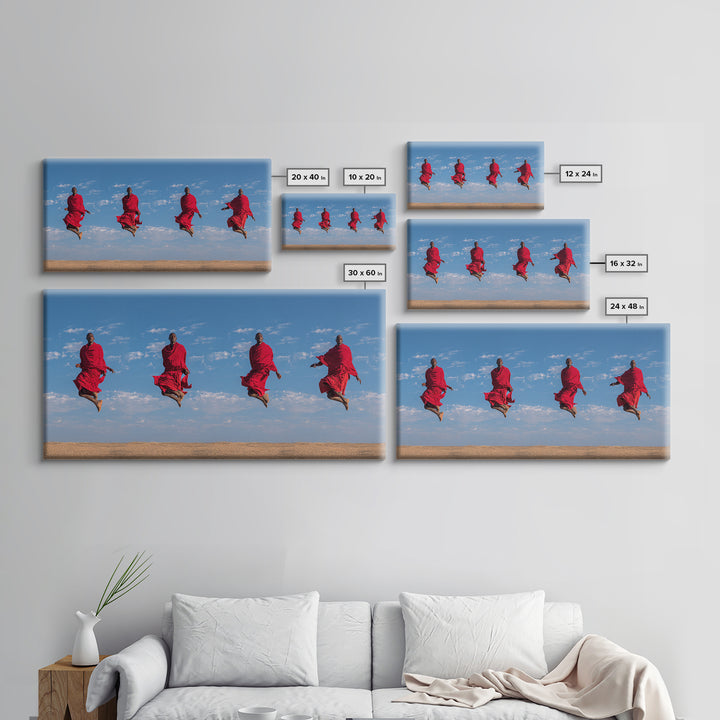 Red Maasai Warriors Jumping Canvas Print, African Safari Art, African Warrior Art, Kenya Print, Statement Wall Decor Gift