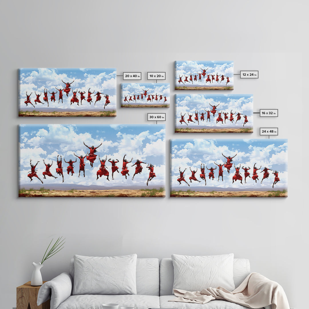 Joyful Red Dancers Under Clouds Canvas Print, African Celebration, African Women Art, Safari Decor, Colorful Wall Art Gift