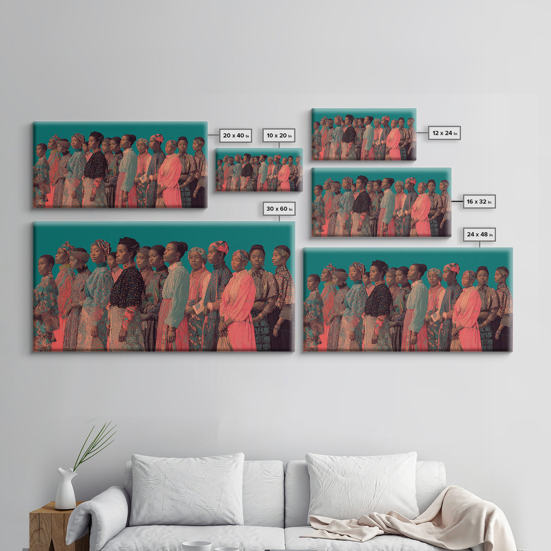 Portrait Line Of African Women In Ankara Dresses, Framed Canvas Print, Black Woman Art, Afrocentric Wall Decor Gift For Her