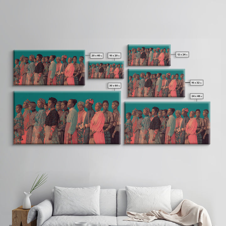 Portrait Line Of African Women In Ankara Dresses, Framed Canvas Print, Black Woman Art, Afrocentric Wall Decor Gift For Her