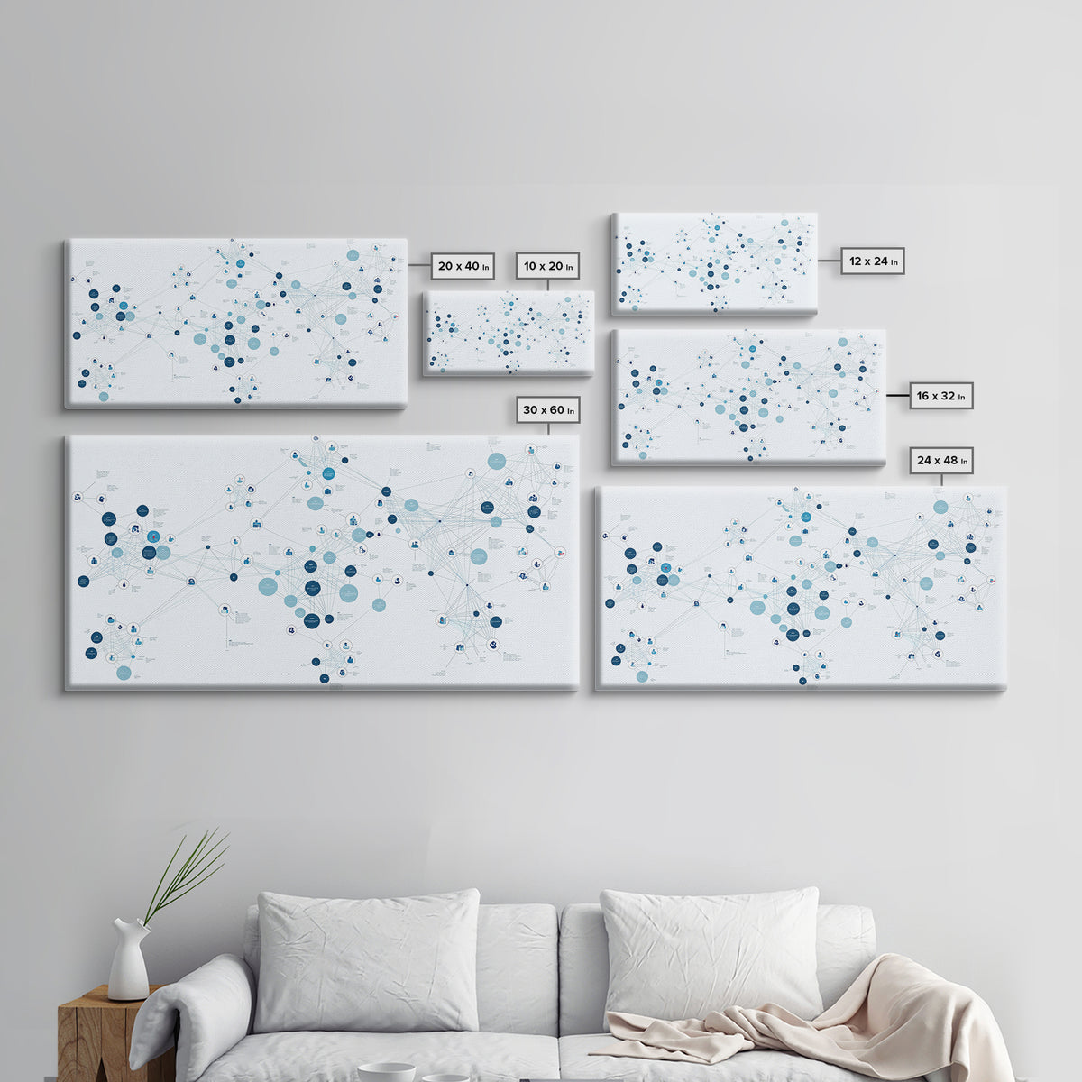 Blue Global Data Network Map Canvas Print, Abstract Wall Art, Modern Office Decor, Minimalist Technology Home Decor Gift