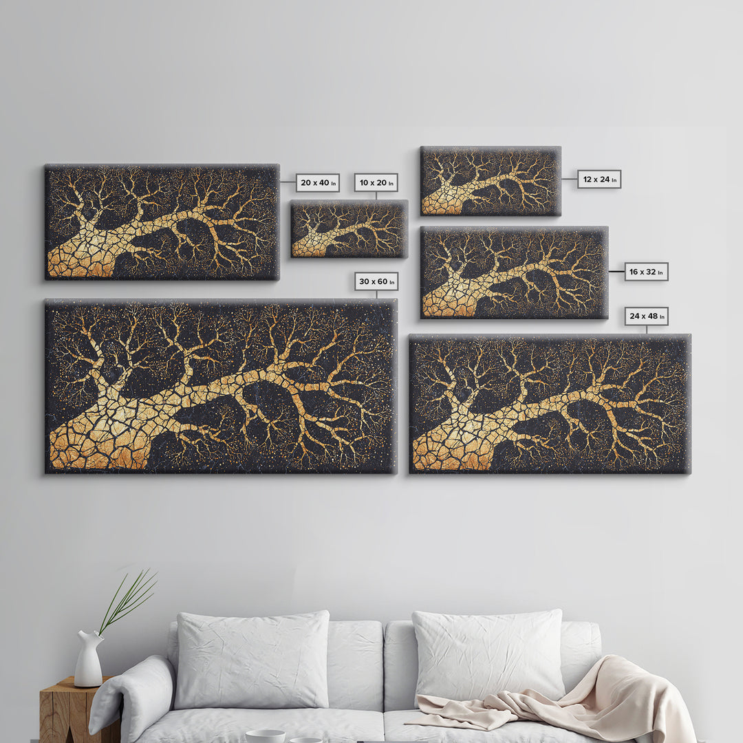 Golden Baobab Tree Branches On Black, African Tree Wall Art, Luxury Canvas Decor, Earth Tone Statement Home Decor Gift Idea