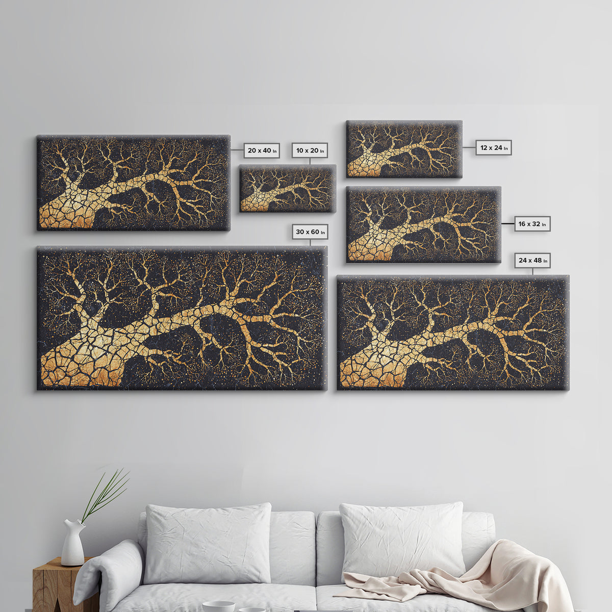 Golden Baobab Tree Branches On Black, African Tree Wall Art, Luxury Canvas Decor, Earth Tone Statement Home Decor Gift Idea