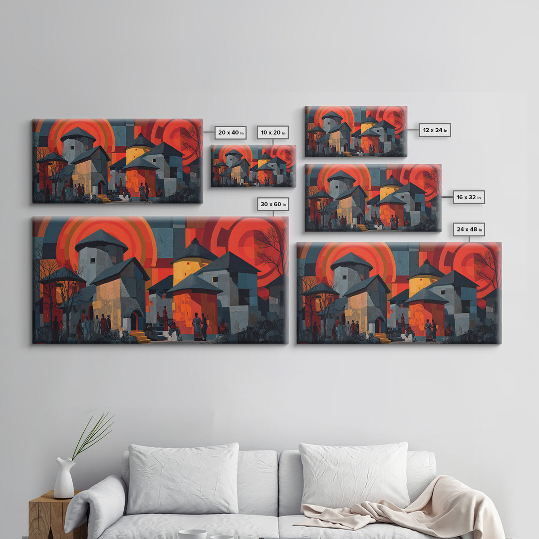 Red Sunset African Village Houses Wall Art, Modern African Art, Cultural Home Decor, Bold Geometric Canvas Print Gift For Him