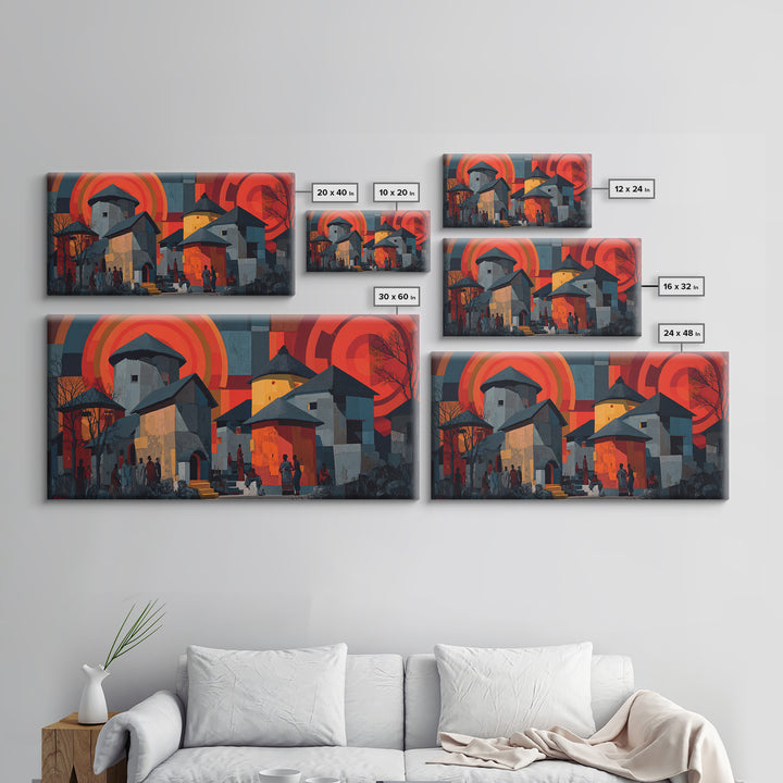 Red Sunset African Village Houses Wall Art, Modern African Art, Cultural Home Decor, Bold Geometric Canvas Print Gift For Him