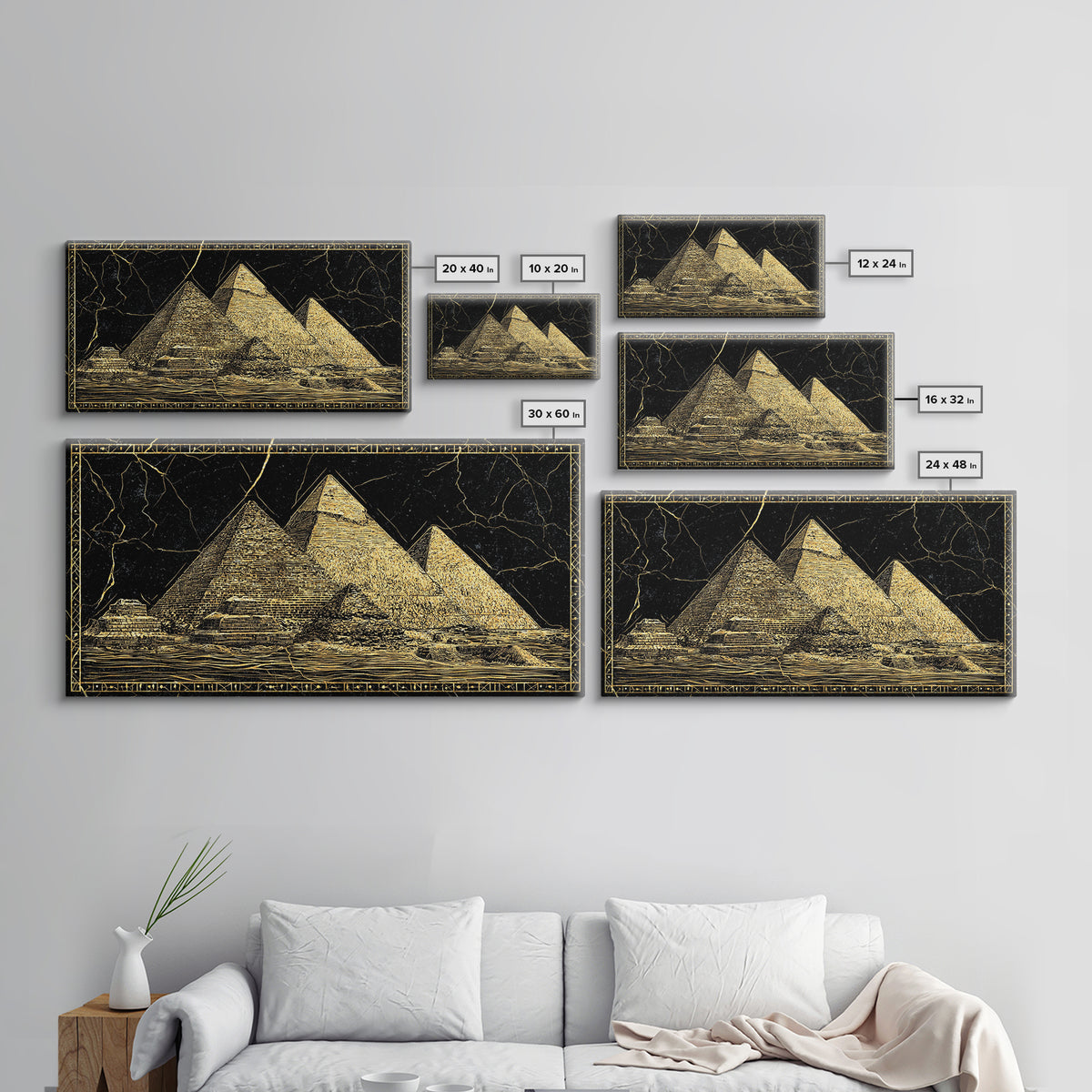 Black Gold Egyptian Pyramids Wall Art, Ancient African Art Print, Luxury Canvas Print, Mystical Statement Home Office Decor Gift