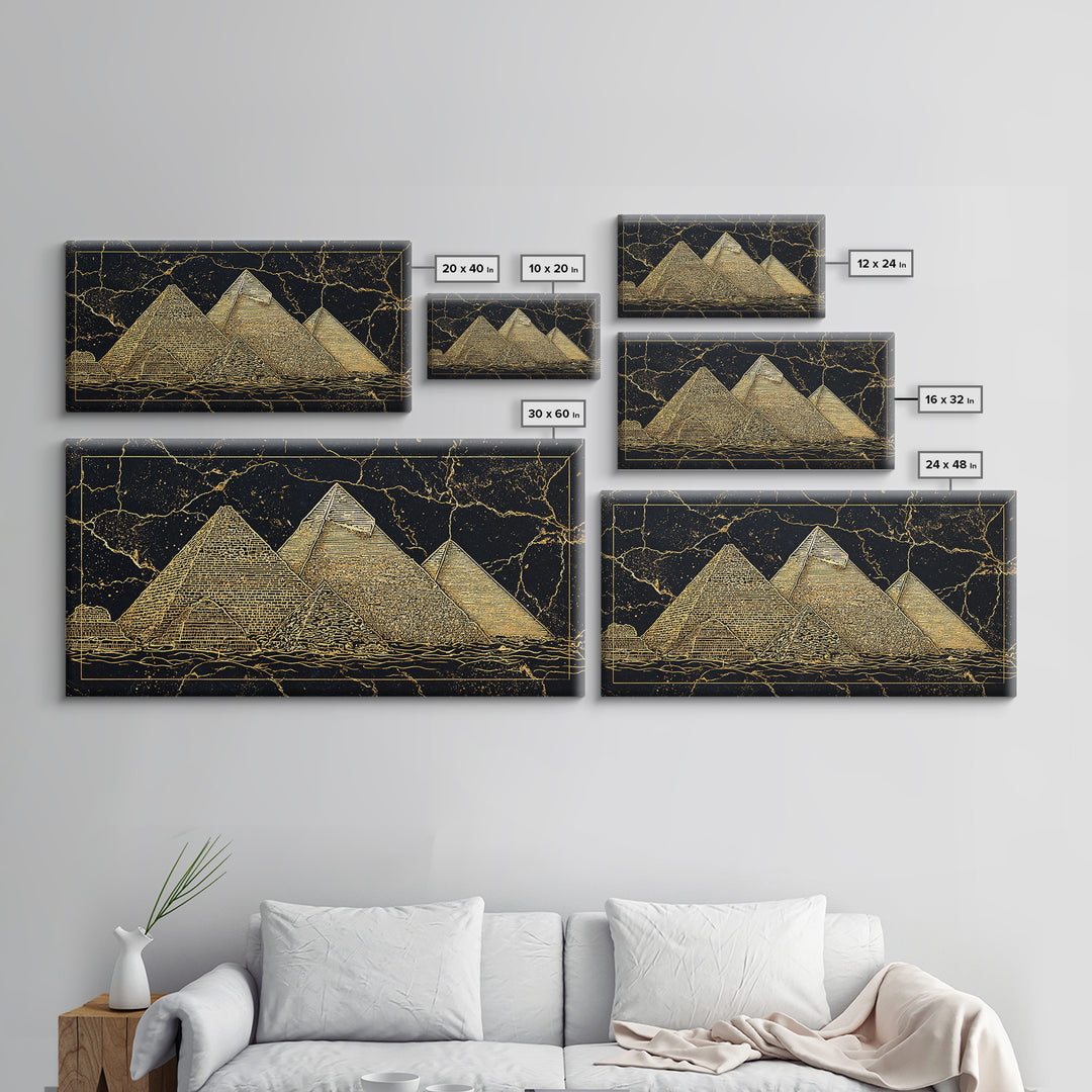 Golden Line Egyptian Pyramids Wall Art, Black Gold Canvas Print, Ancient African Artwork, Luxury Cultural Home Decor Gift