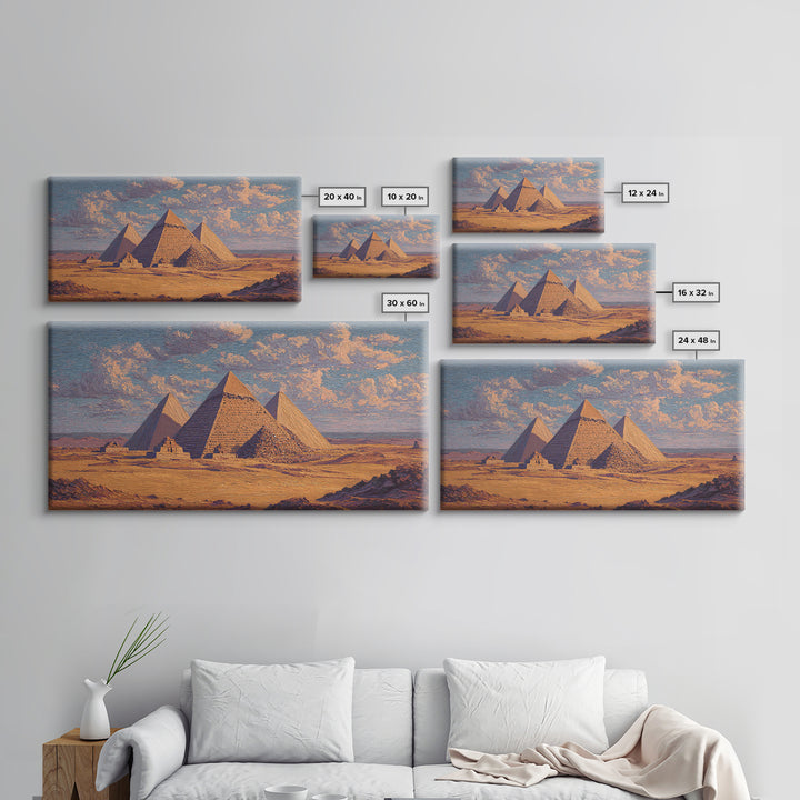 Sunlit Giza Pyramids Desert Wall Art, Egyptian Landscape Canvas Print, Ancient African Art, Warm Earth Tone Decor For Living Room