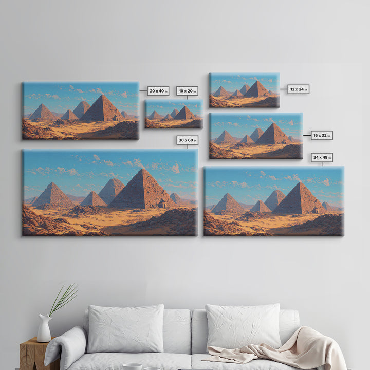 Blue Sky Giza Pyramids Wall Art, Egyptian Desert Landscape Canvas Print, Ancient African Art, Warm Cultural Decor Gift For Her