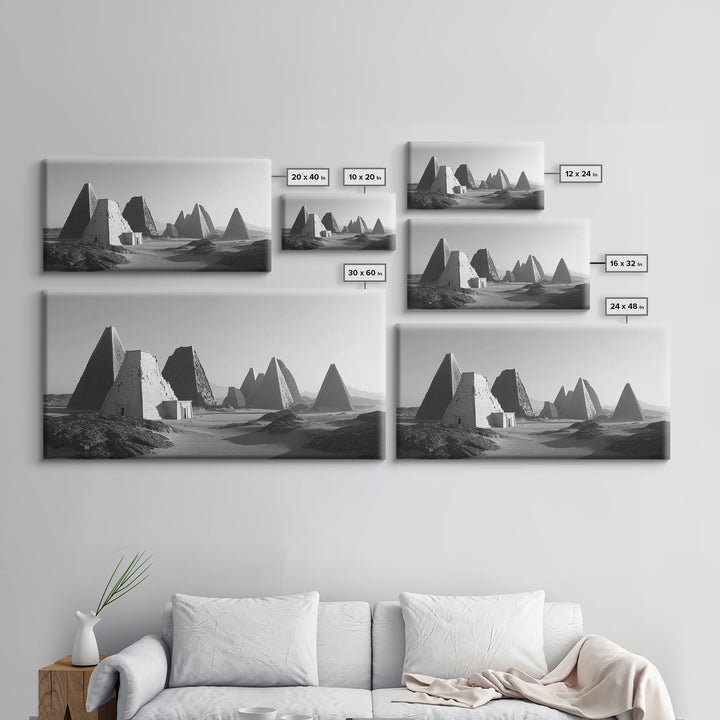 Black And White Nubian Pyramids Desert Canvas Print, African Egyptian Art, Ancient African Art, Minimalist Wall Art Decor