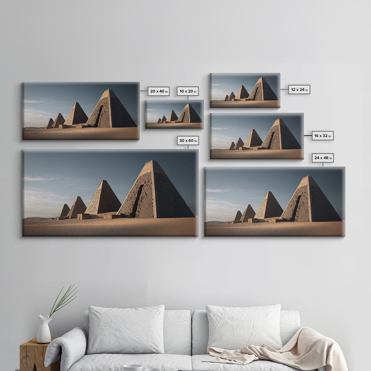 Sunlit Desert Pyramids African Landscape Framed Canvas Print, African Egyptian Art, Sahara Travel Poster, Living Room Decor