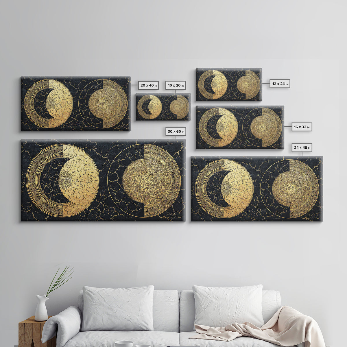 Gold Celestial Moon Phases On Cracked Black Wall Art, Abstract Art, Spiritual Wall Art, Modern Canvas Art, Home Decor Gift