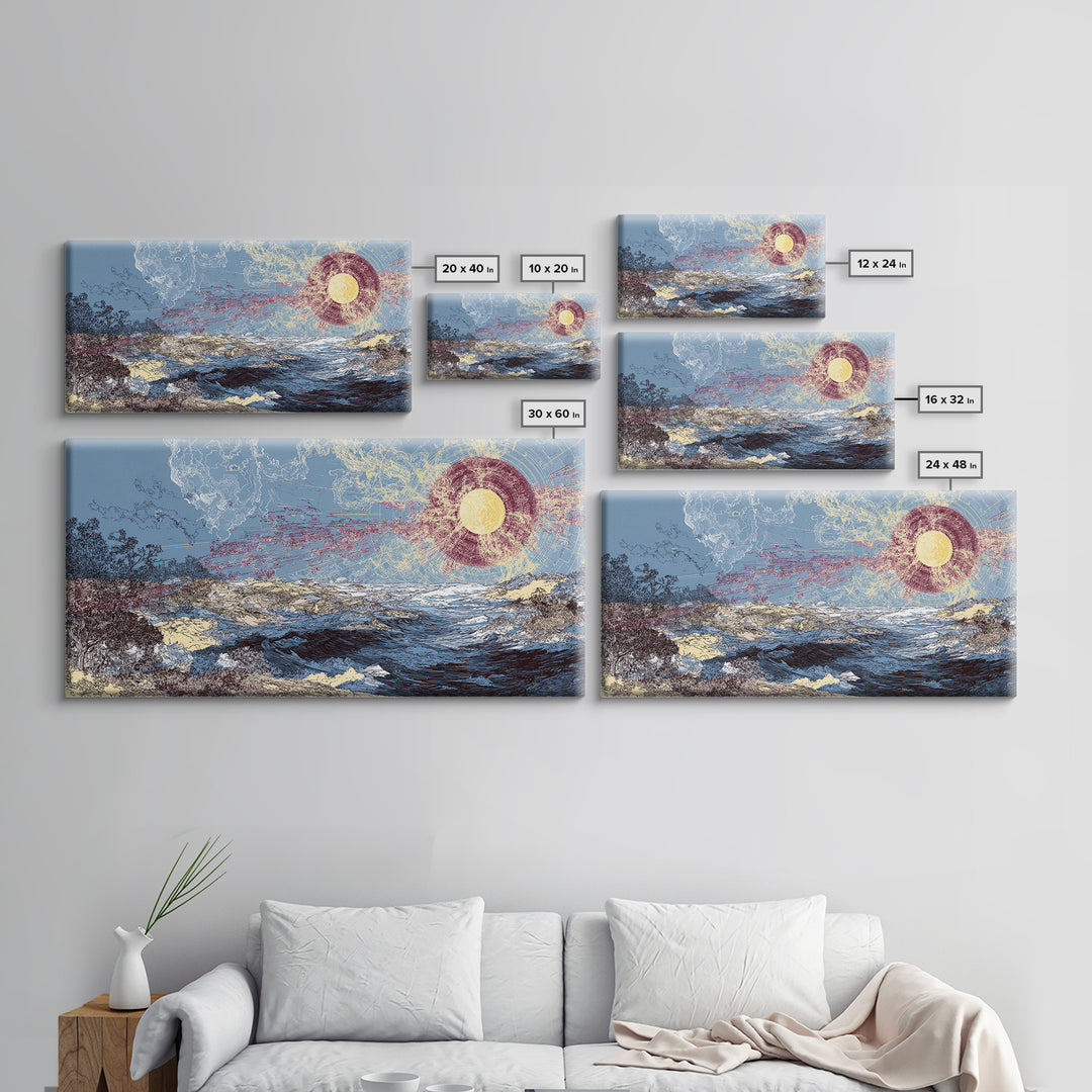 Radiant Sun Over Abstract Ocean Landscape Canvas Print, Blue Wall Art, Modern Art, Nature Scene Art, Coastal Home Decor Gift