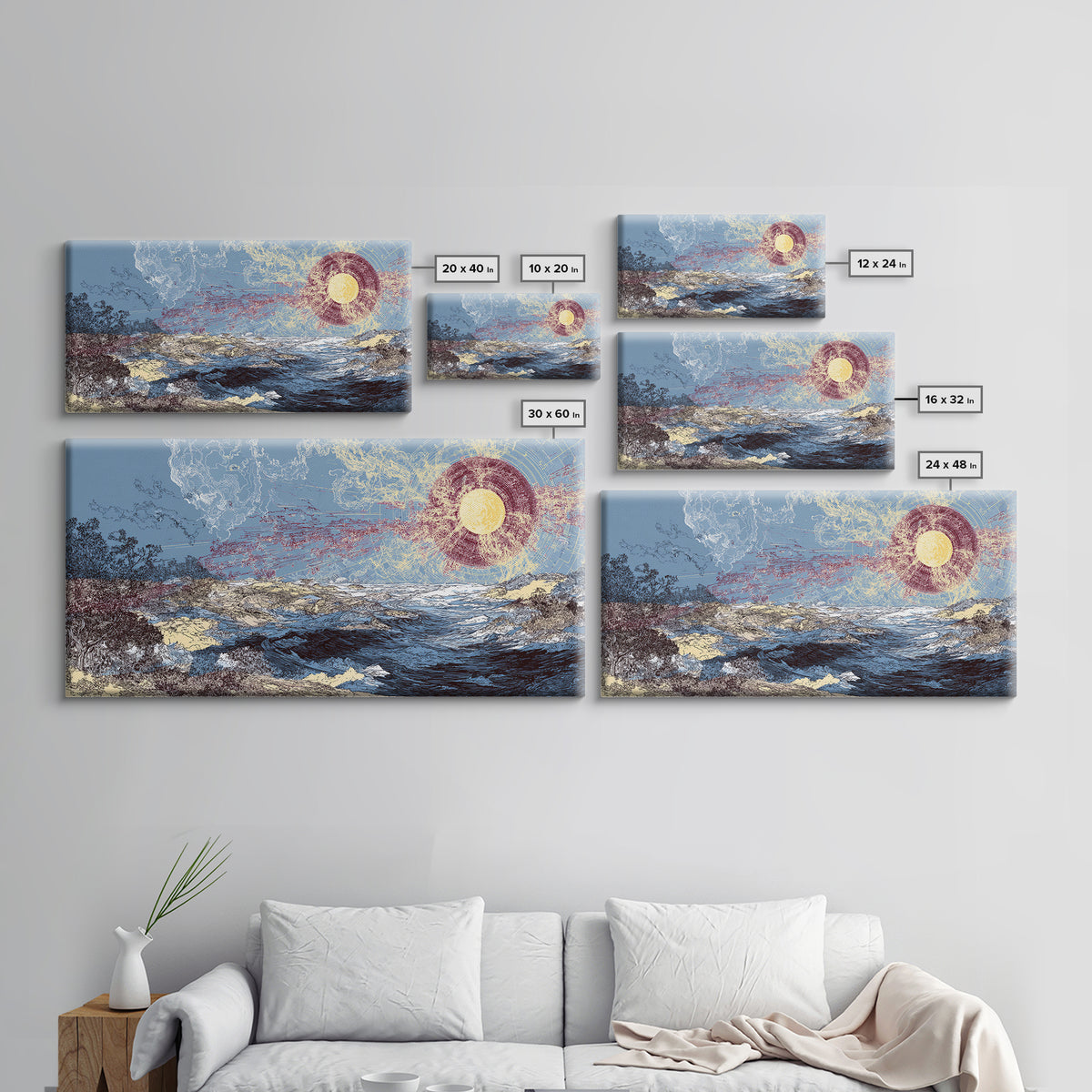 Radiant Sun Over Abstract Ocean Landscape Canvas Print, Blue Wall Art, Modern Art, Nature Scene Art, Coastal Home Decor Gift