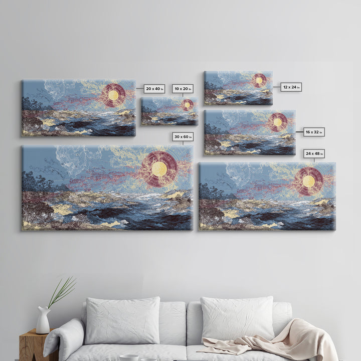 Radiant Sun Over Abstract Ocean Landscape Canvas Print, Blue Wall Art, Modern Art, Nature Scene Art, Coastal Home Decor Gift