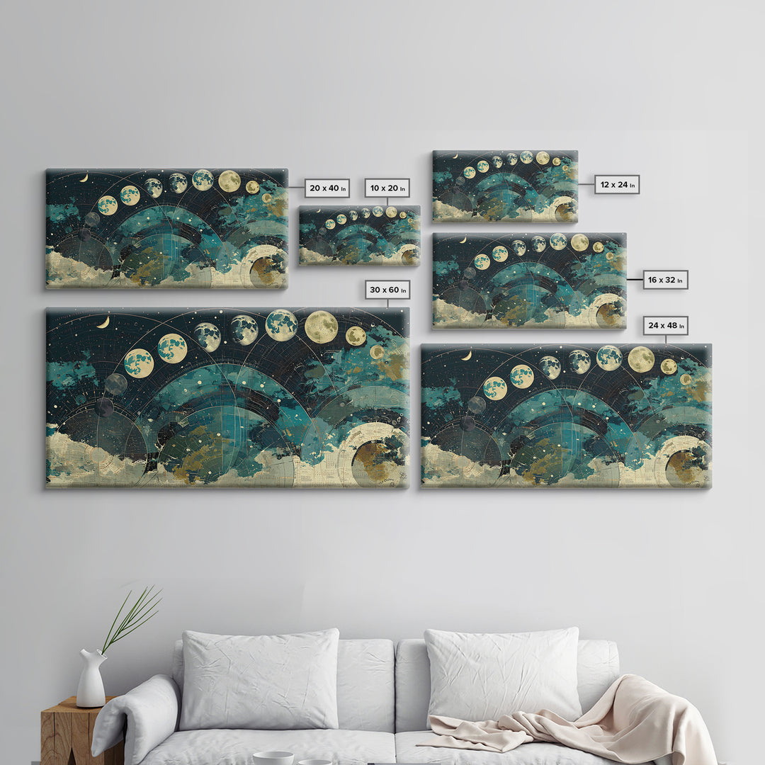 Teal Moon Phase Night Sky Celestial Wall Art, Spiritual Wall Art, Mystical Wall Art, Abstract Canvas Art, Bedroom Decor Gift