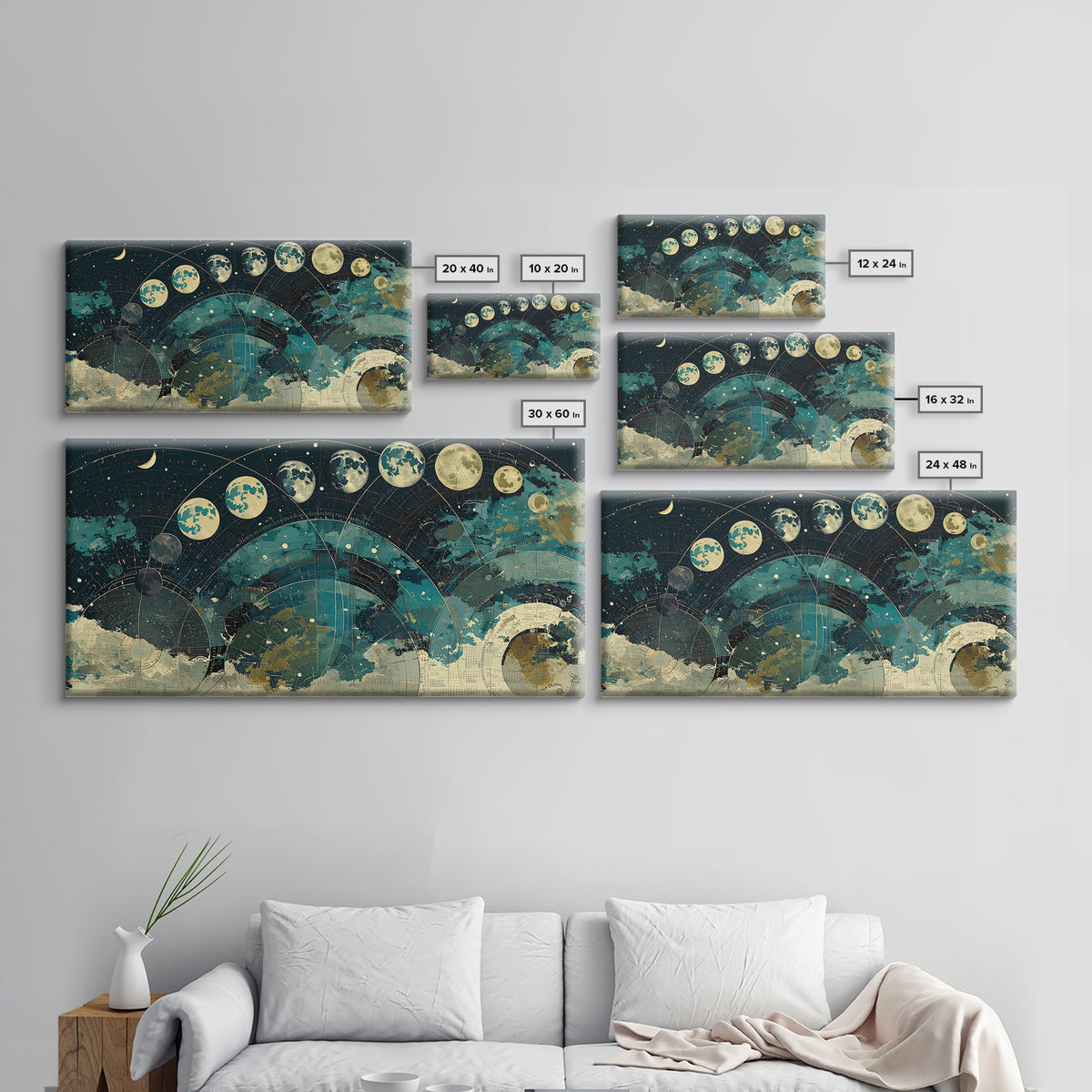 Teal Moon Phase Night Sky Celestial Wall Art, Spiritual Wall Art, Mystical Wall Art, Abstract Canvas Art, Bedroom Decor Gift