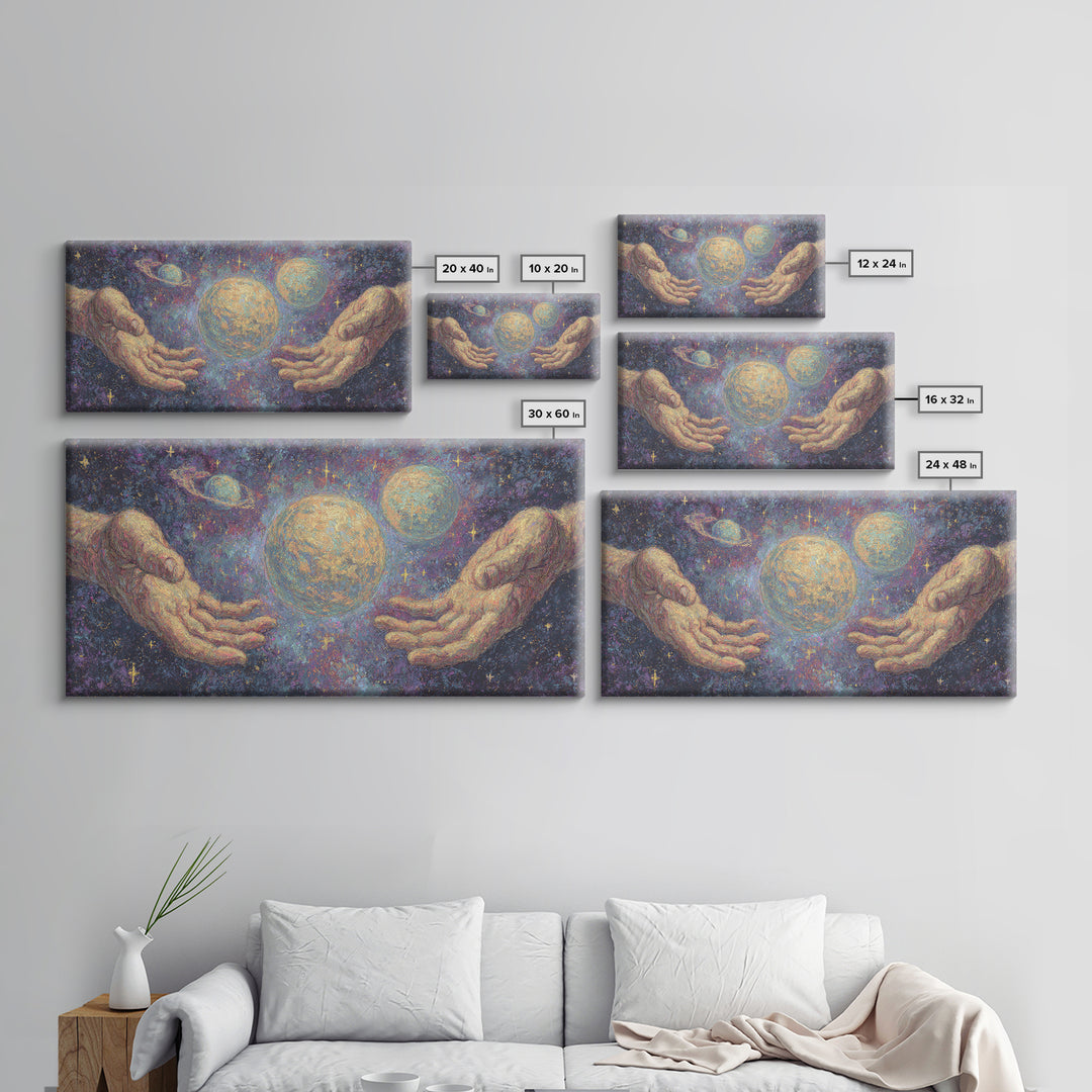 Mystical Hands Holding Planets Cosmic Wall Art, Spiritual Wall Art, Abstract Art, Dreamy Wall Art, Unique Canvas Print Home Decor