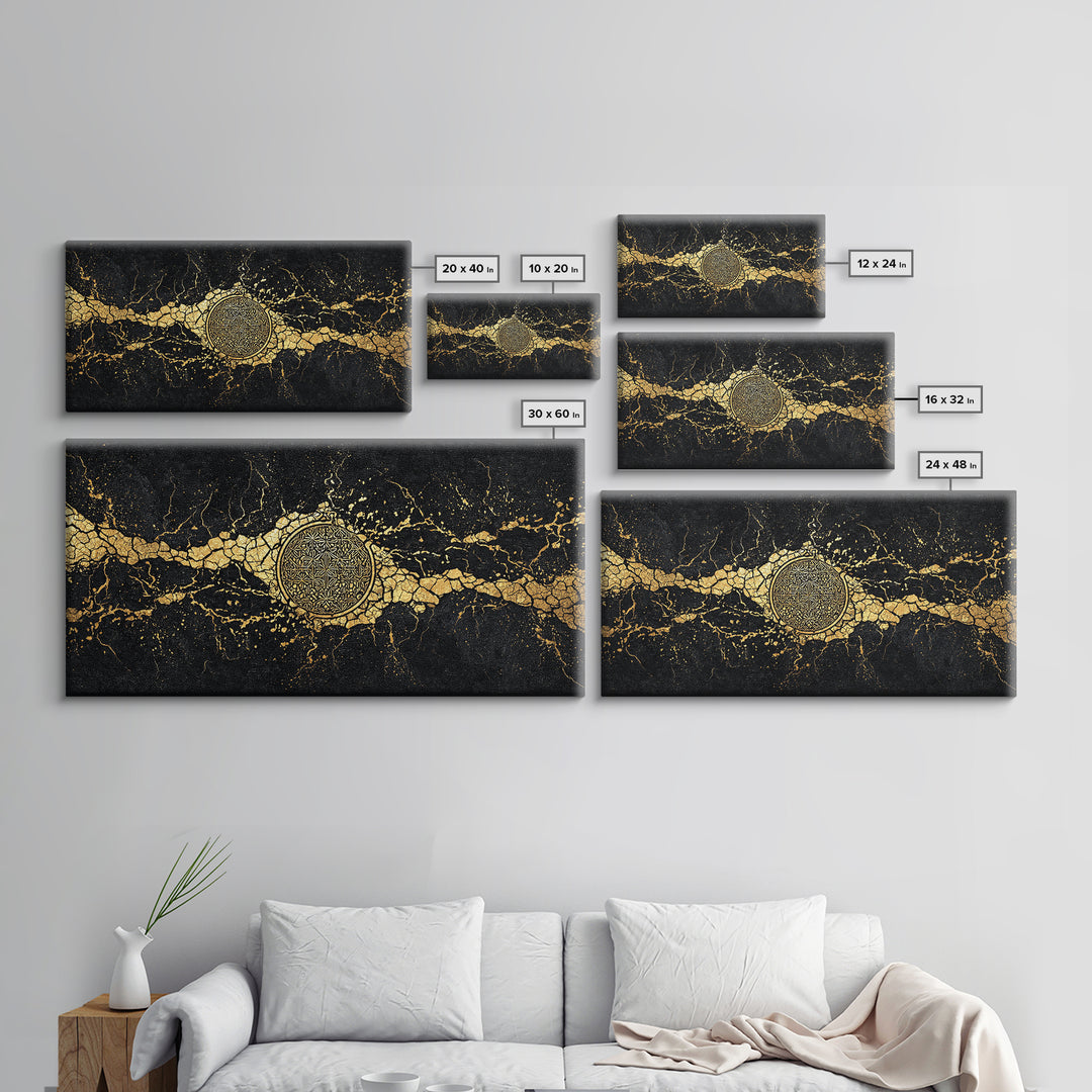 Black And Gold Medallion Canvas Print, Luxury Abstract Wall Decor, Cracked Marble Texture, Elegant Statement Home Decor Gift
