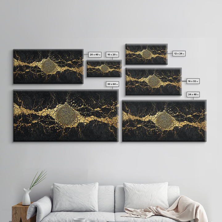 Black And Gold Medallion Canvas Print, Luxury Abstract Wall Decor, Cracked Marble Texture, Elegant Statement Home Decor Gift
